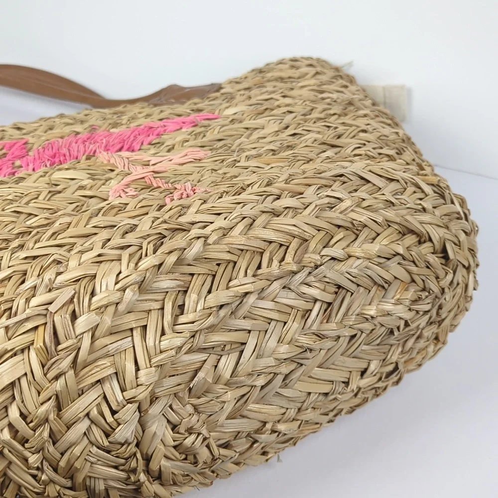 CROWN & IVY Woven Straw Moroccan Pink Flamingo Beach Tote Bag